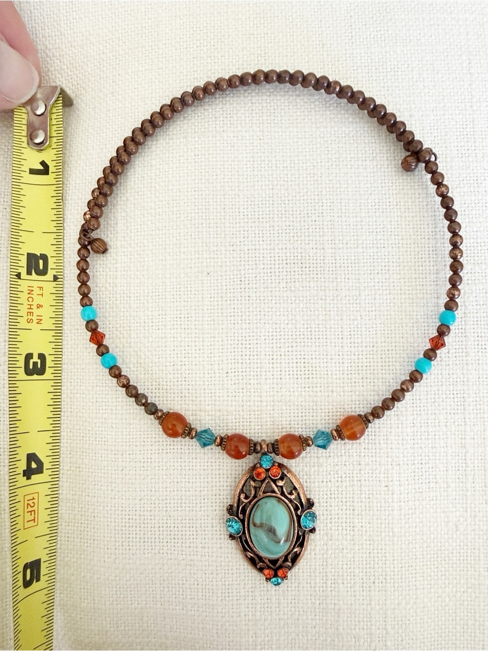 Vintage 90s Western Bohemian Choker Antique Bronze Turquoise & Amber Bead - Picture 8 of 9
